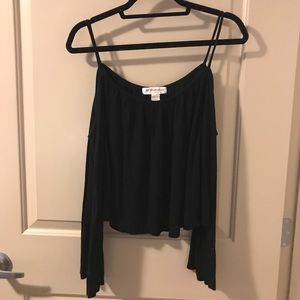Black Cold Shoulder Mid/Long-Crop Top Flowy